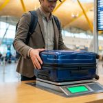 Un voyageur posant sa valise bleue sur une balance d'enregistrement dans un aéroport.