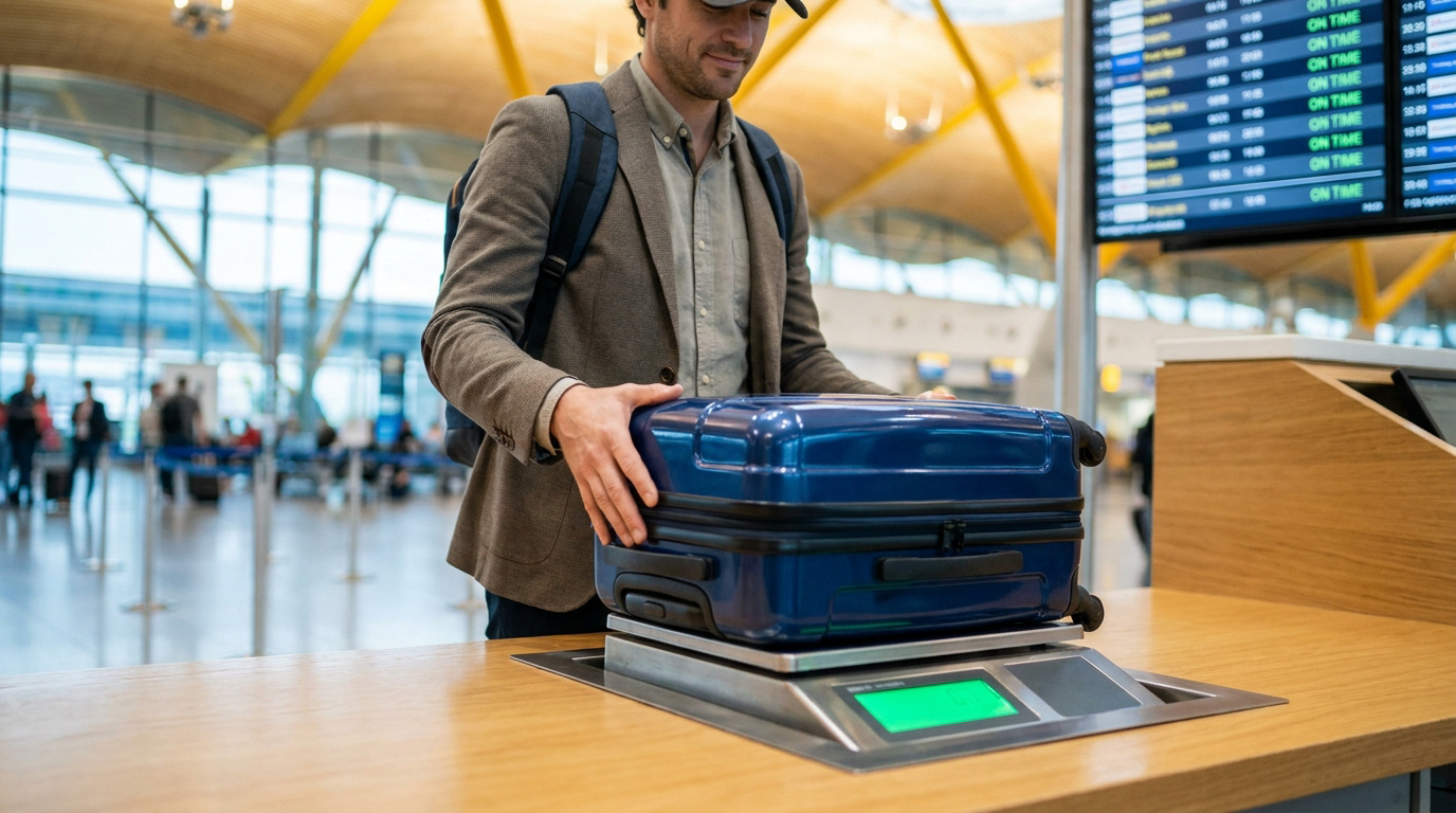 Un voyageur posant sa valise bleue sur une balance d'enregistrement dans un aéroport.