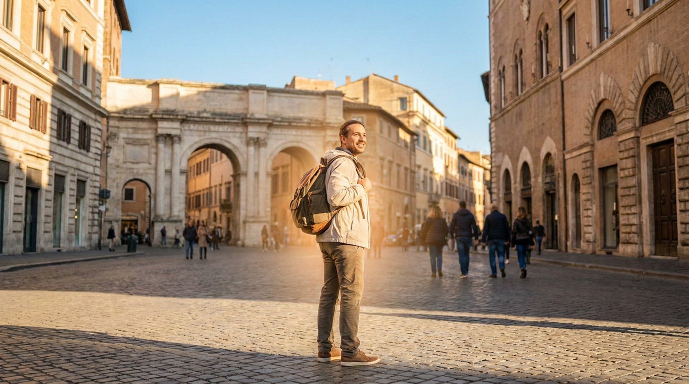 Un voyageur avec sac à dos observant une place historique en Italie sous la lumière dorée du soleil.