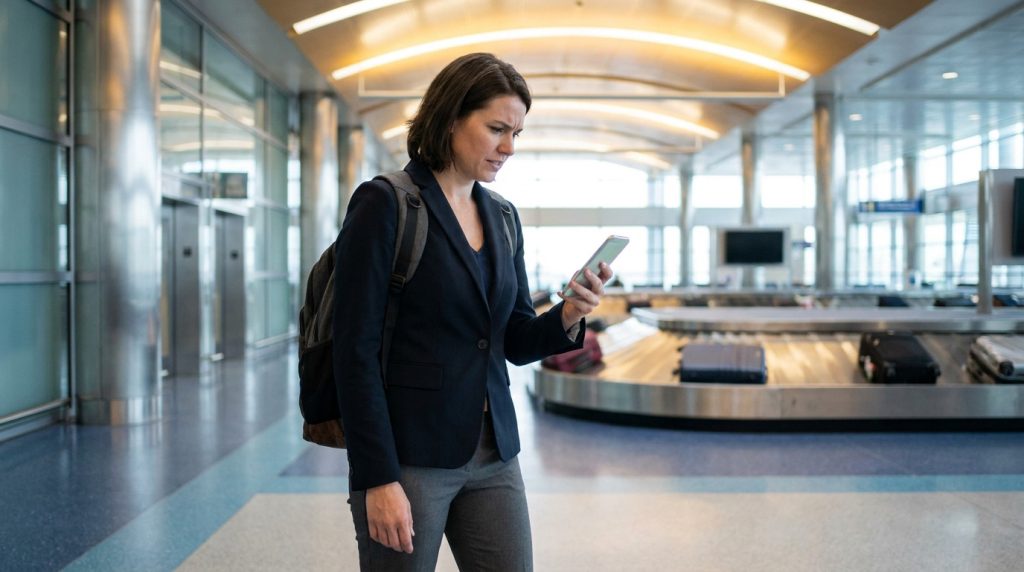 Une voyageuse inquiète consulte son téléphone portable dans une zone de récupération des bagages à l'aéroport.