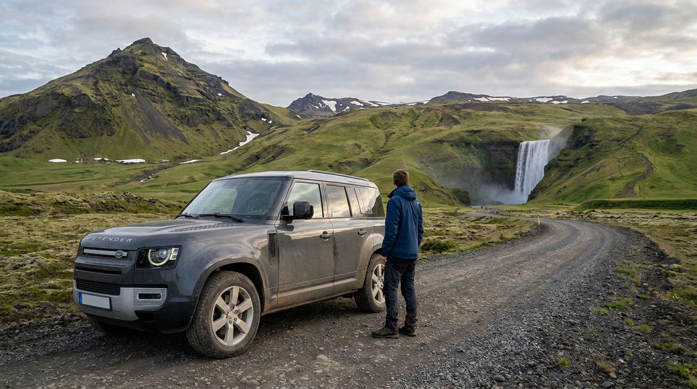 Un voyageur observe une cascade en Islande à côté d'un 4x4 Land Rover Defender garé sur un chemin de terre.
