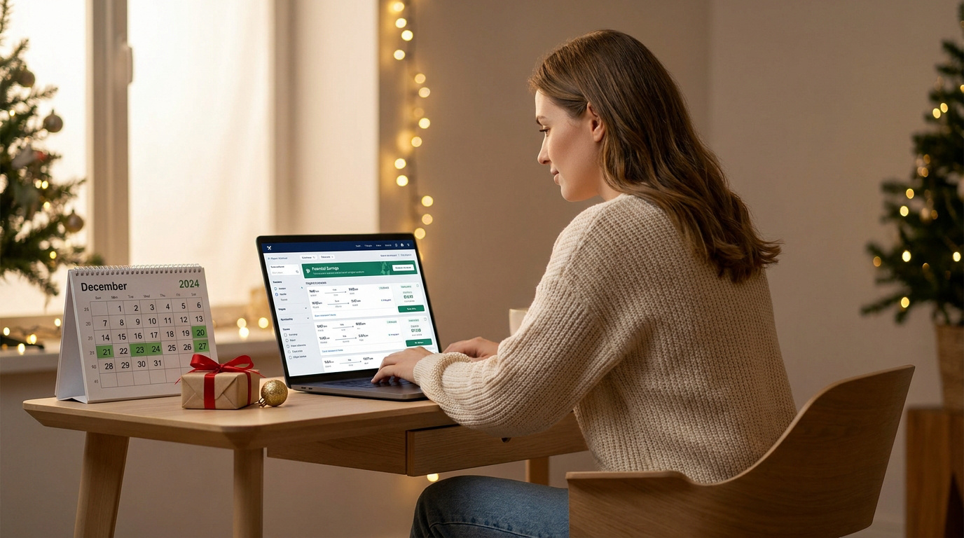 Une femme réserve des billets d'avion sur son ordinateur portable dans un intérieur décoré pour les fêtes de fin d'année.