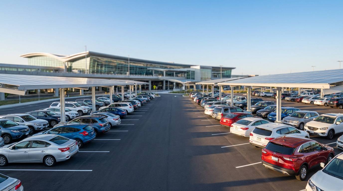 Vue aérienne d'un grand parking couvert de panneaux solaires devant un terminal d'aéroport moderne.