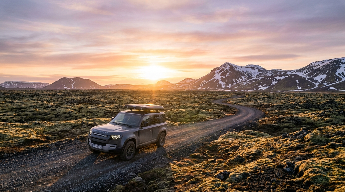 Un Land Rover Defender avec tente de toit roulant sur une piste islandaise au coucher du soleil.