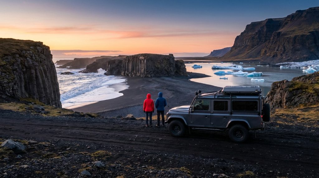 Deux voyageurs admirant le coucher de soleil sur une plage de sable noir en Islande à côté d'un 4x4.