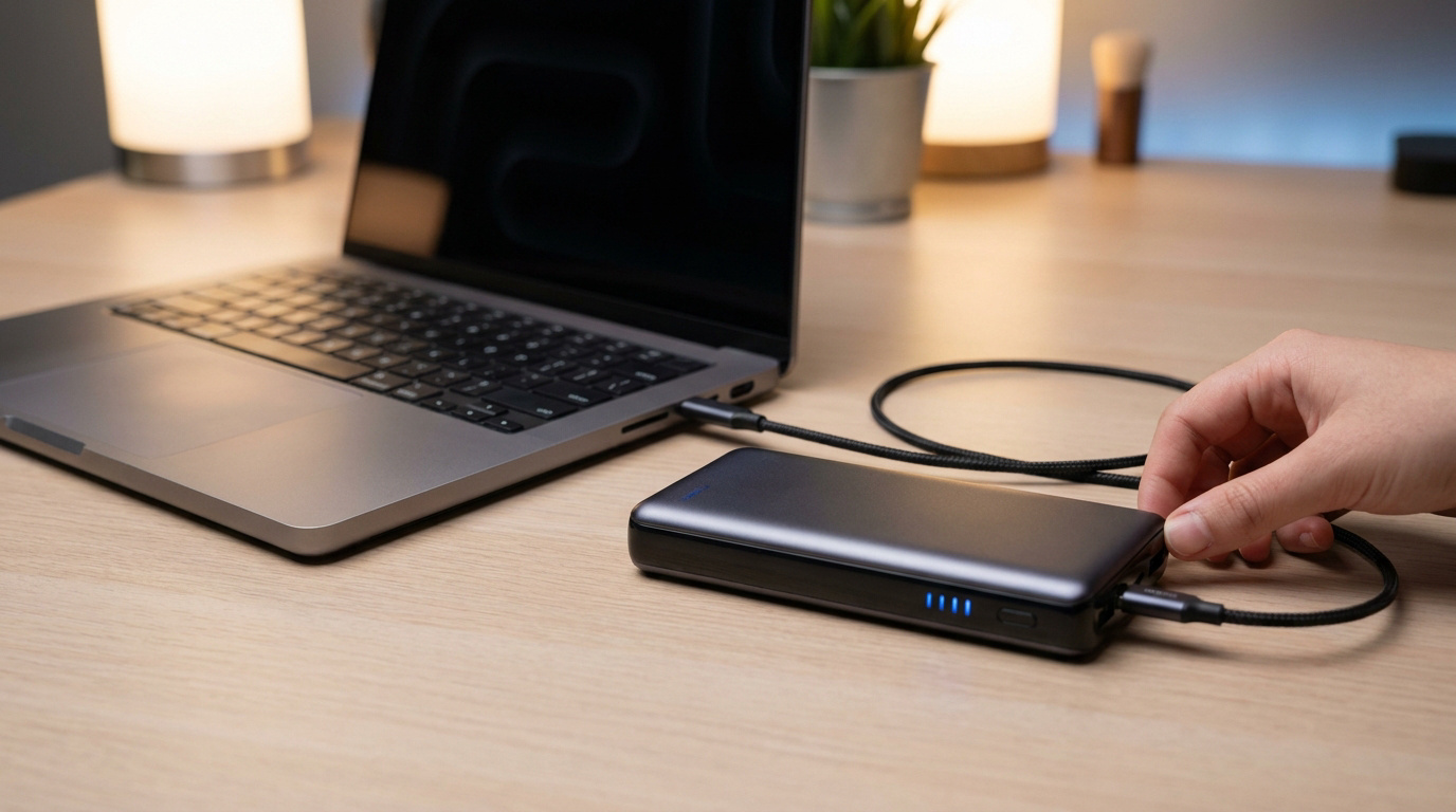 Home 27 Une main branche une batterie externe noire à un ordinateur portable gris sur un bureau en bois.