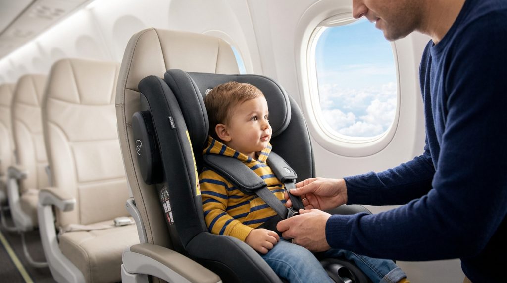 Un père ajuste le harnais du siège auto de son jeune enfant installé sur un siège d'avion près du hublot.