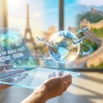 Mains tenant une tablette holographique affichant le prix d'un billet tour du monde avec des monuments célèbres en fond.