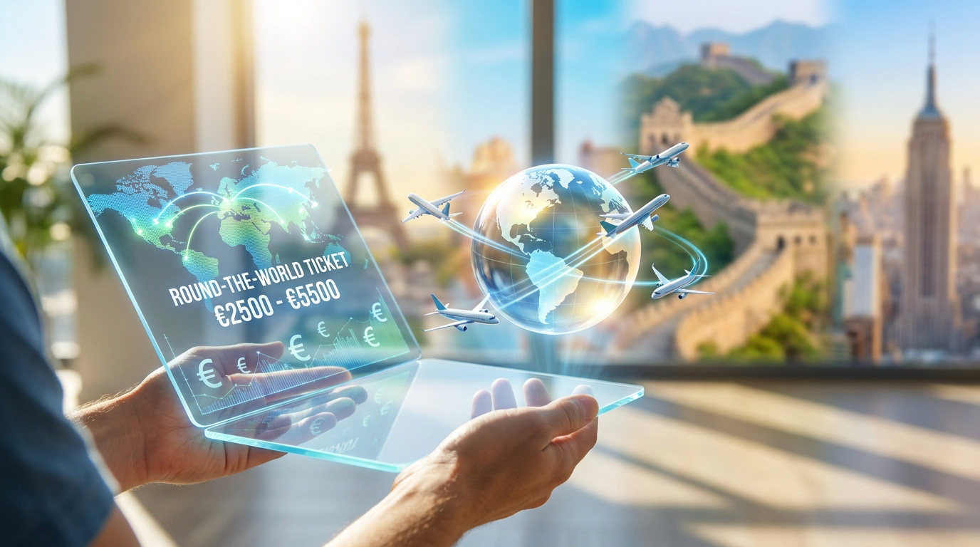 Mains tenant une tablette holographique affichant le prix d'un billet tour du monde avec des monuments célèbres en fond.