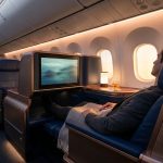 Passager se relaxant dans un siège de classe affaires Emirates moderne avec écran privé, couverture et boisson.