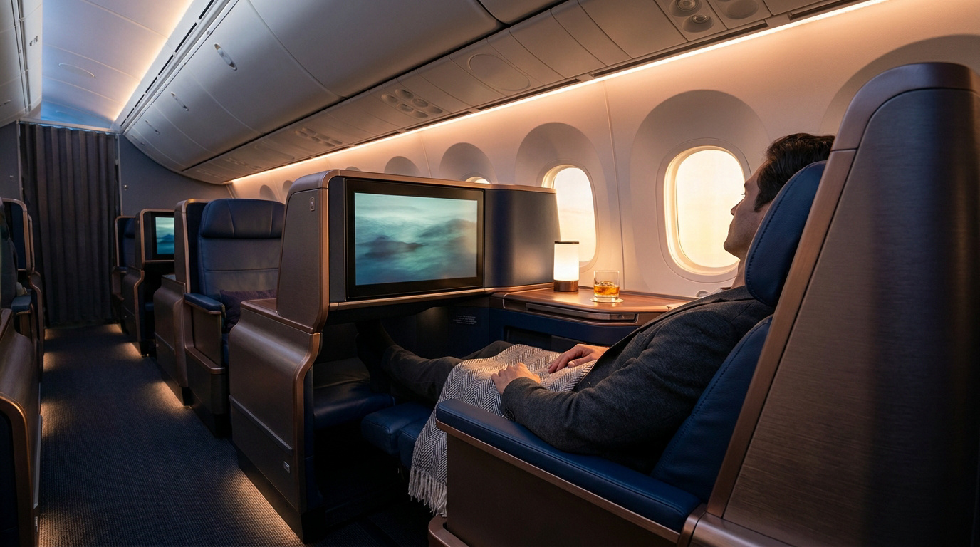 Passager se relaxant dans un siège de classe affaires Emirates moderne avec écran privé, couverture et boisson.