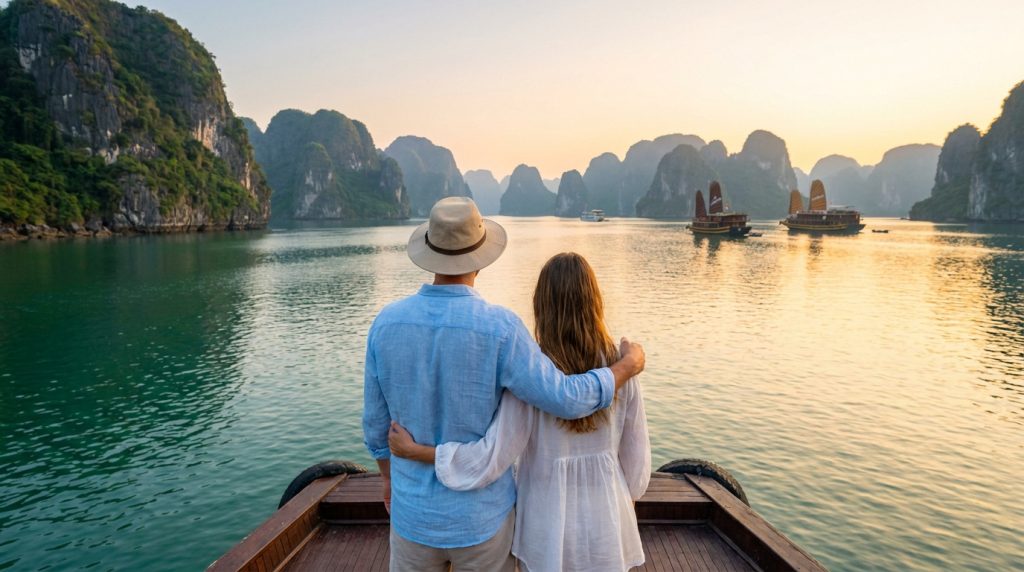 Un couple admire le coucher de soleil sur les rochers karstiques de la baie d'Ha Long depuis le pont d'un bateau.