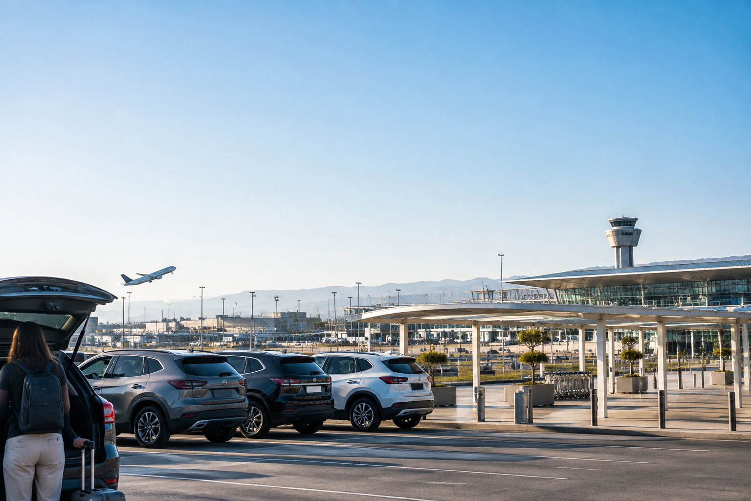 Home 45 Une femme charge ses bagages dans un SUV sur le parking de l'aéroport de Marseille avec un avion qui décolle.
