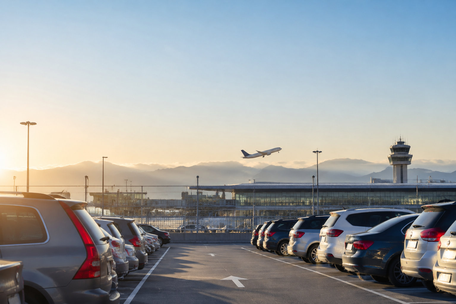 Home 22 Un avion décolle au-dessus d'un parking de voitures à l'aéroport de Genève lors d'un coucher de soleil.