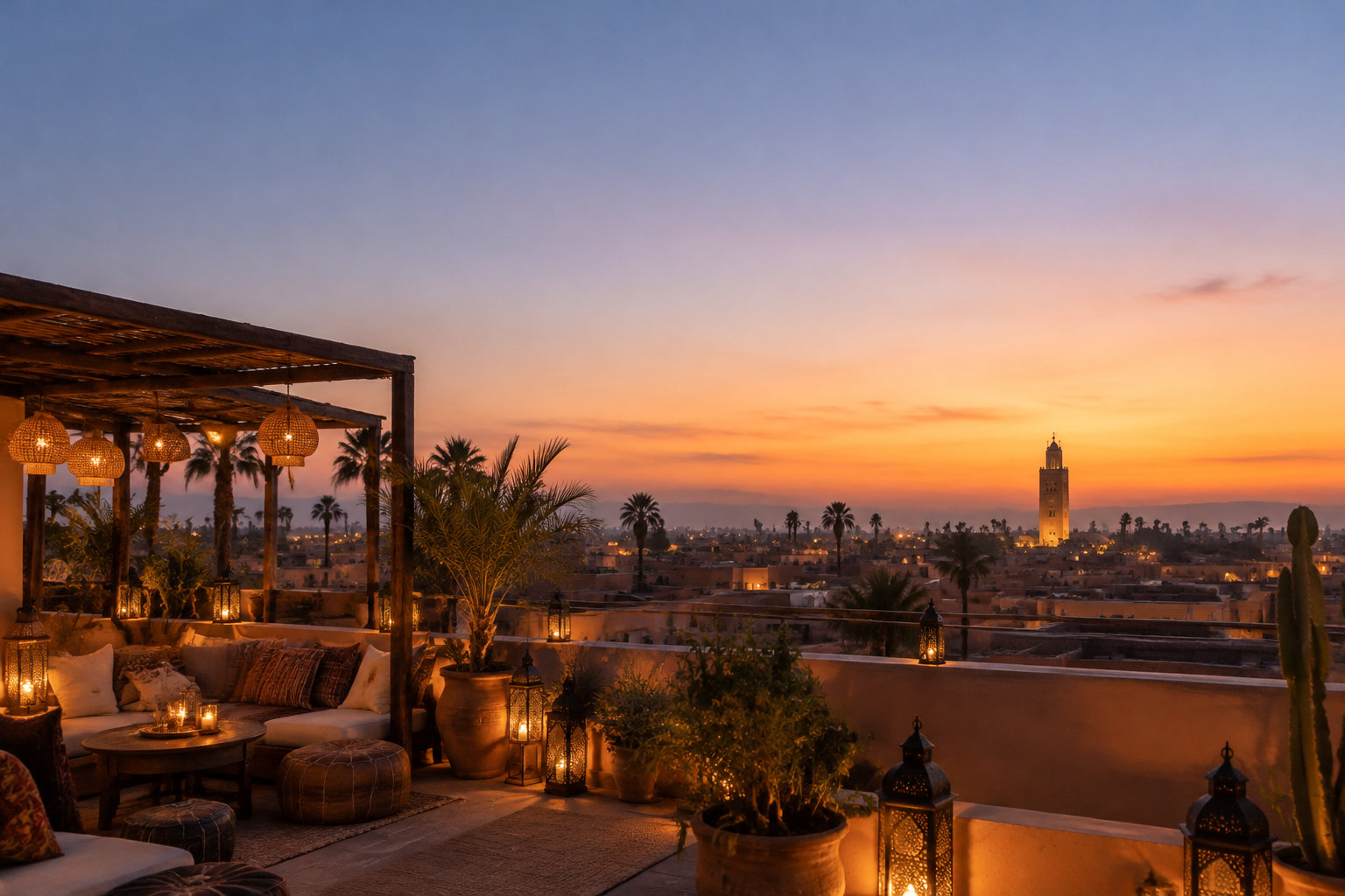 Une terrasse sur un toit à Marrakech au crépuscule avec la mosquée Koutoubia illuminée au loin.