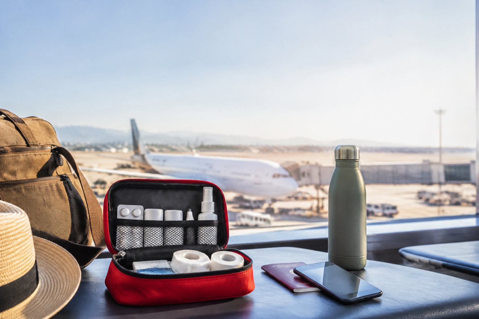 Une trousse de premiers secours ouverte, un sac, une bouteille et un passeport posés devant un avion à l'aéroport.