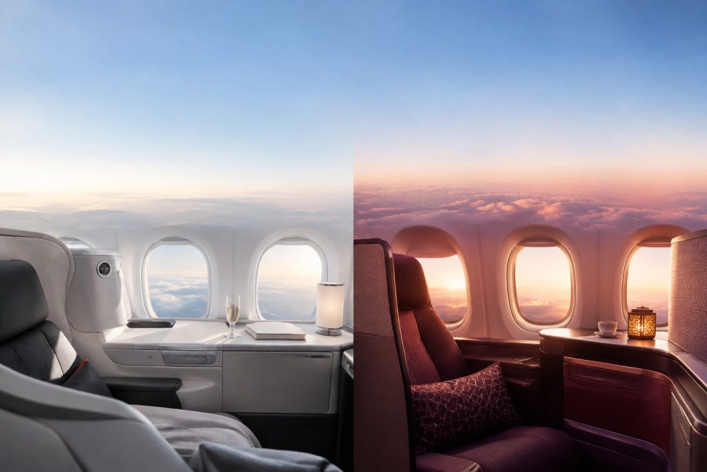 Comparaison visuelle entre les cabines classe Affaires d'Air France et de Qatar Airways avec vue sur le ciel.