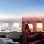 Comparaison visuelle entre les cabines classe Affaires d'Air France et de Qatar Airways avec vue sur le ciel.