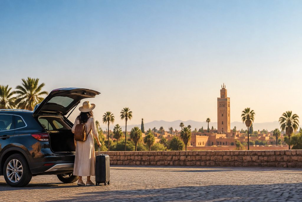 Une femme avec une valise devant sa voiture de location avec la mosquée Koutoubia de Marrakech en arrière-plan.