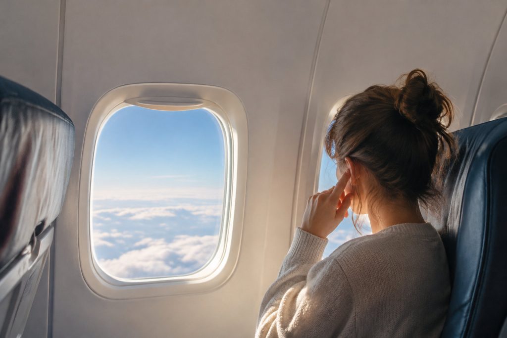 Une passagère dans un avion se touche l'oreille, gênée par la pression, en regardant par le hublot au-dessus des nuages.
