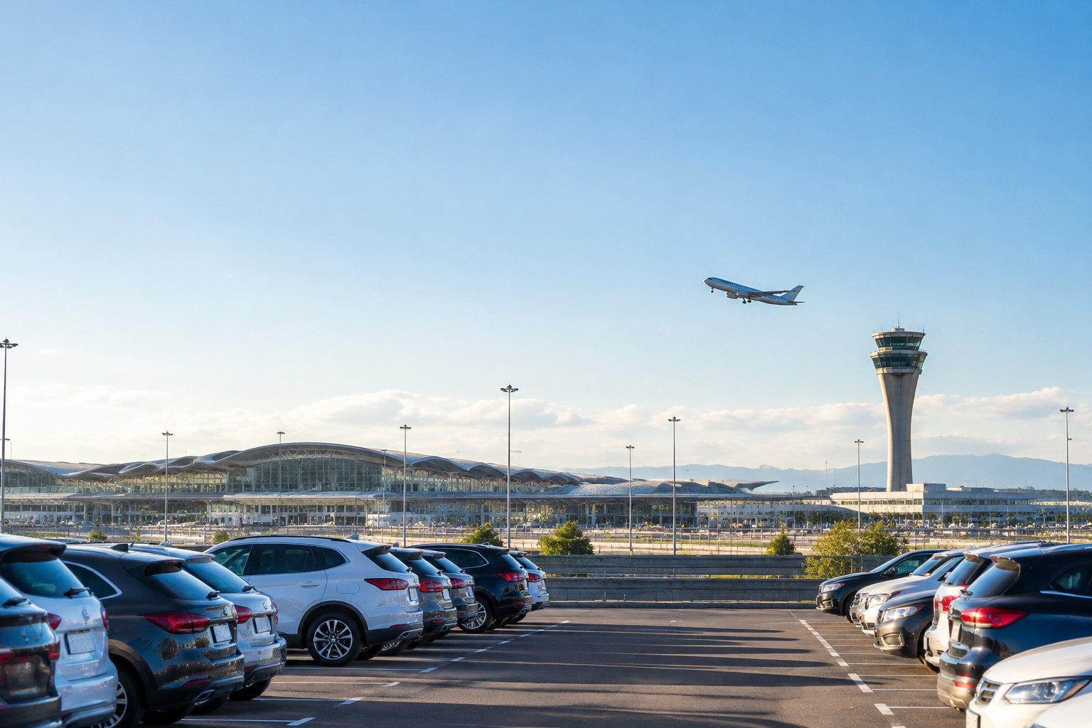 Voitures garées sur le parking de l'aéroport Lyon Saint-Exupéry avec un avion en plein décollage au-dessus de la tour.