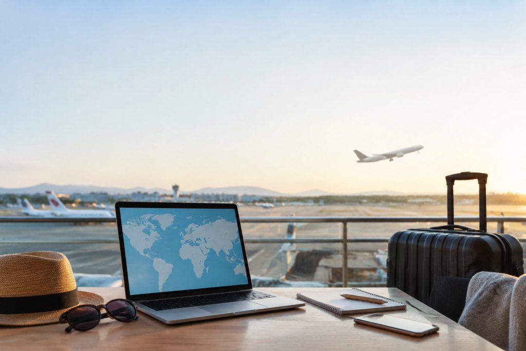 Ordinateur avec carte du monde, bagage et chapeau devant une piste d'aéroport au coucher du soleil.