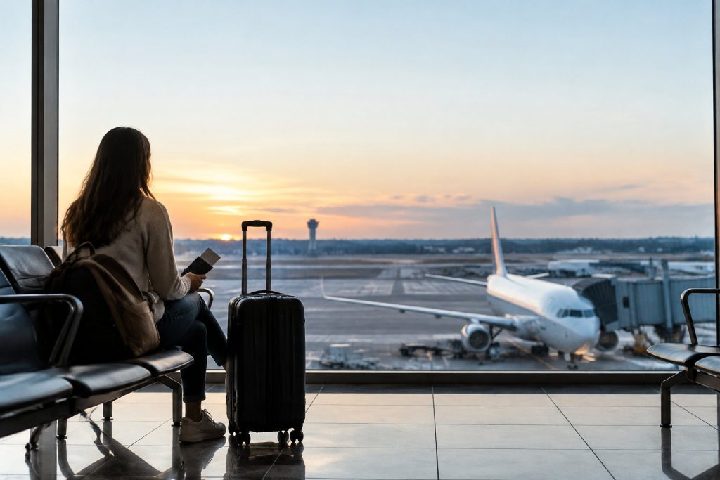Une femme assise dans un aéroport devant une baie vitrée, regardant un avion au coucher du soleil avec sa valise.
