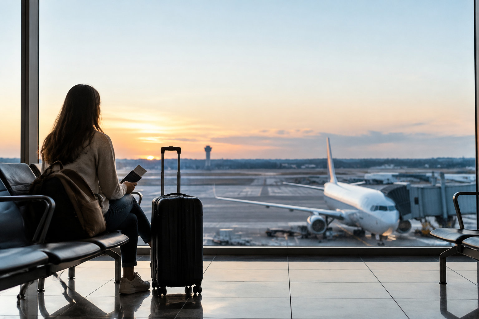 Une femme assise dans un aéroport devant une baie vitrée, regardant un avion au coucher du soleil avec sa valise.