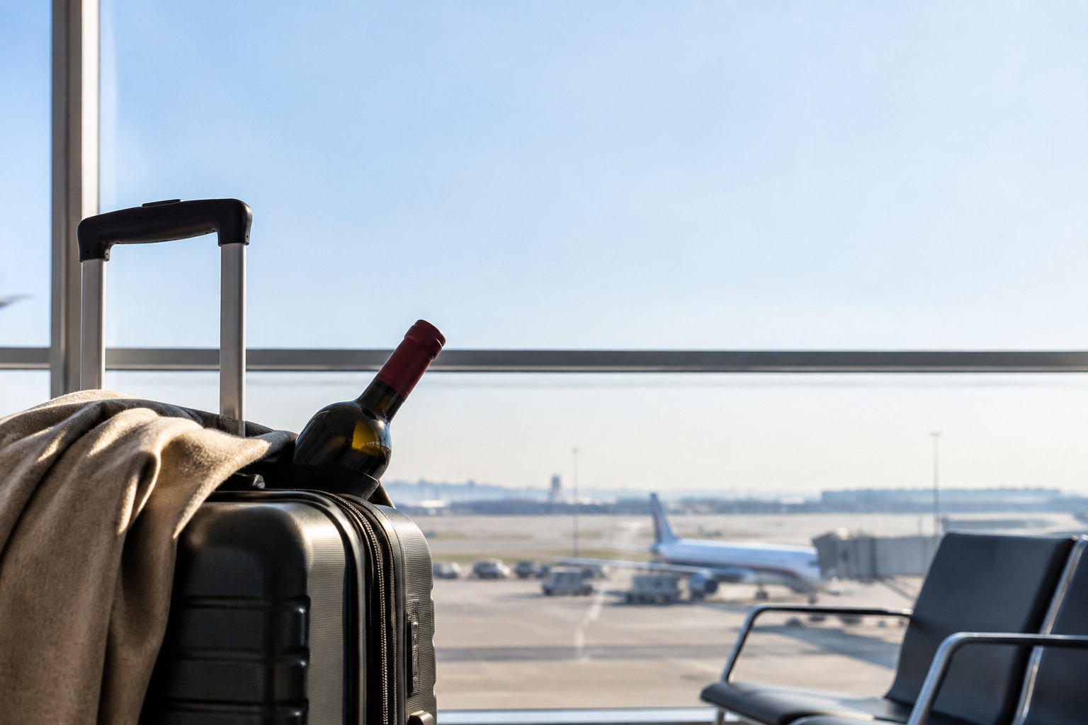 Une bouteille de vin dépasse d'une valise posée dans un hall d'aéroport avec des avions en arrière-plan.