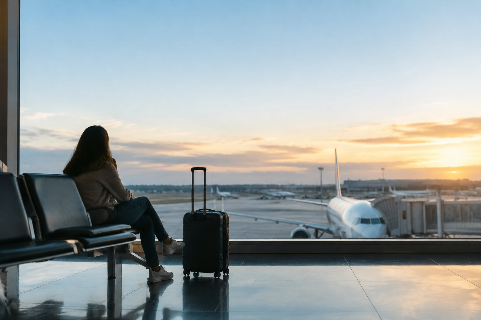Home 39 Une femme assise dans une salle d'embarquement d'aéroport avec une valise, regardant un avion au coucher du soleil.