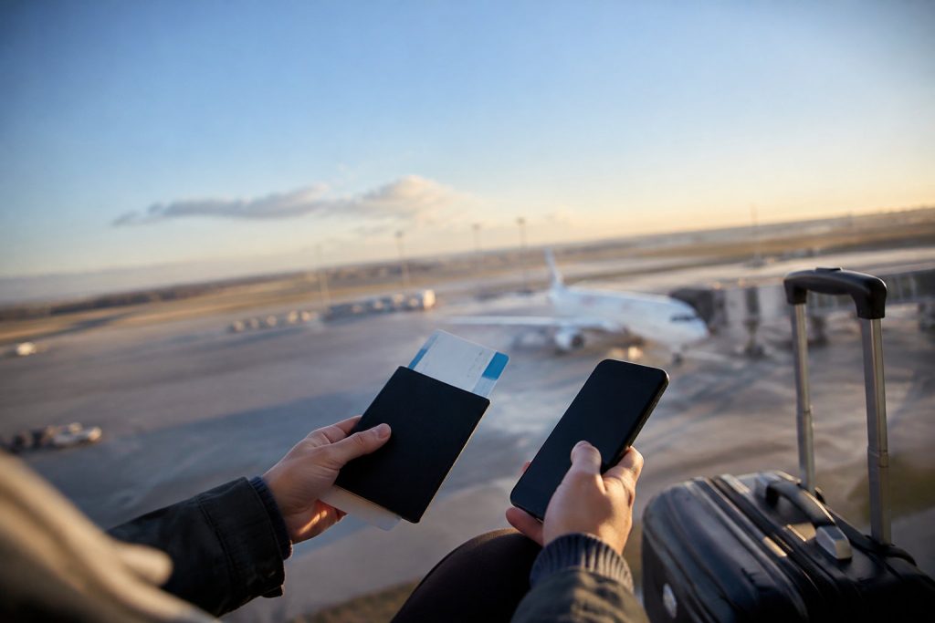 Une personne tenant un passeport, un billet d'avion et un smartphone devant un avion sur le tarmac d'un aéroport.