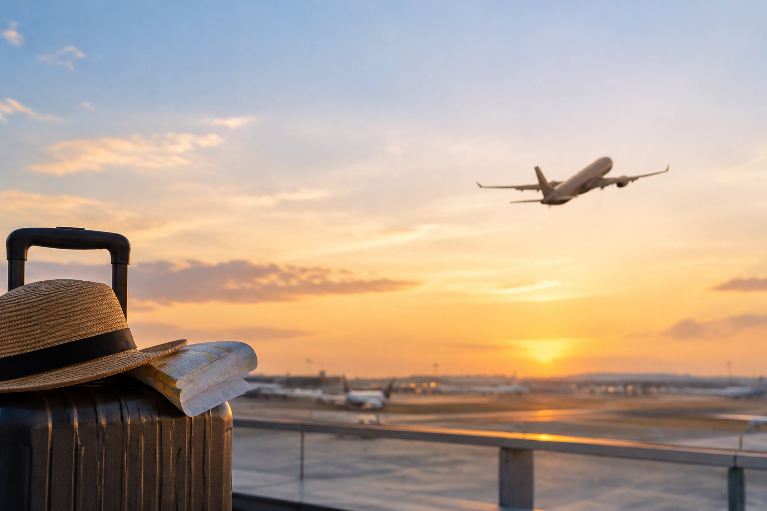 Une valise et un chapeau posés devant un tarmac avec un avion qui décolle au coucher du soleil.