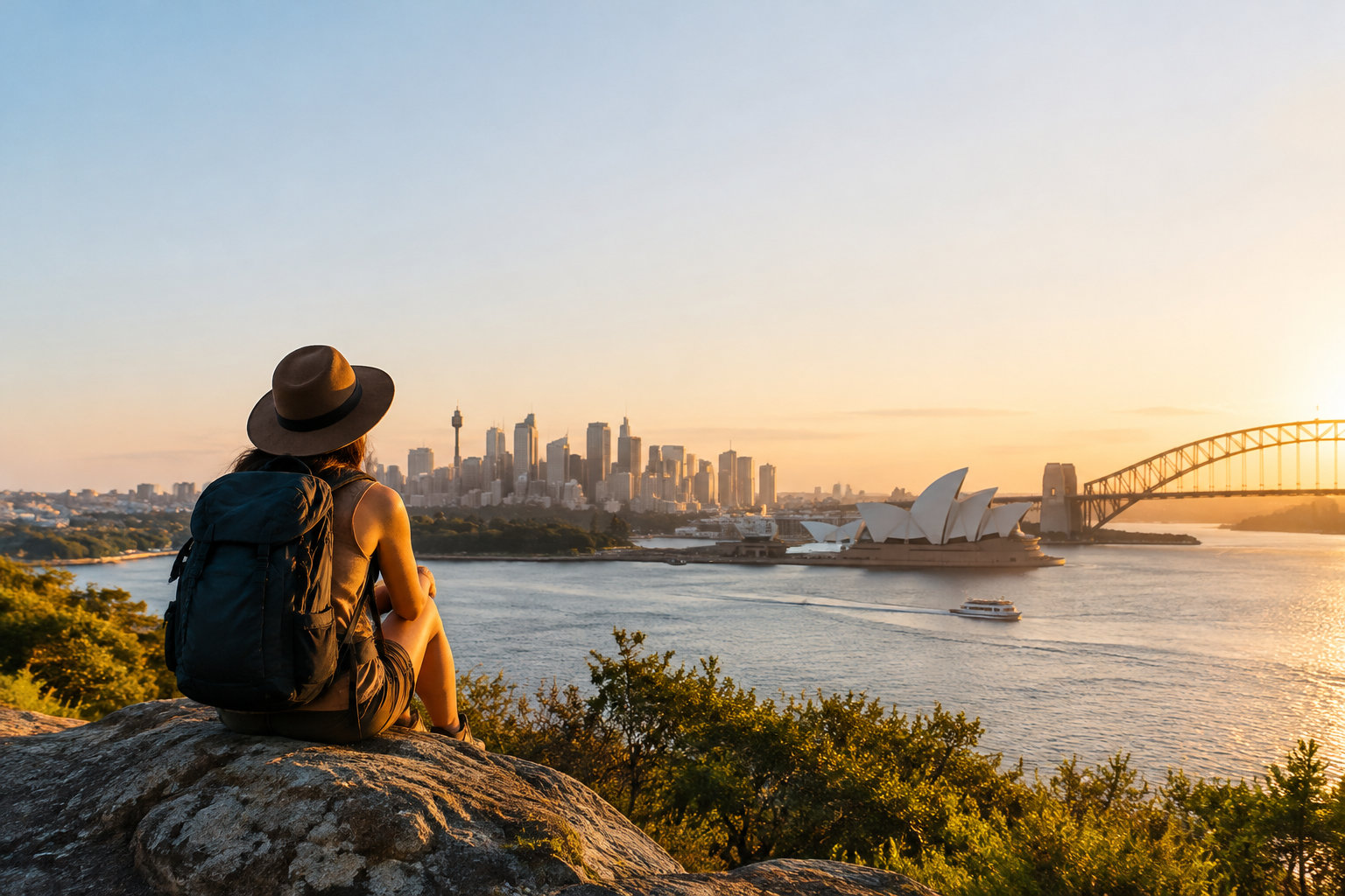 Home 41 Voyageuse avec sac à dos observant le coucher de soleil sur la skyline de Sydney, l'opéra et le pont Harbour Bridge.