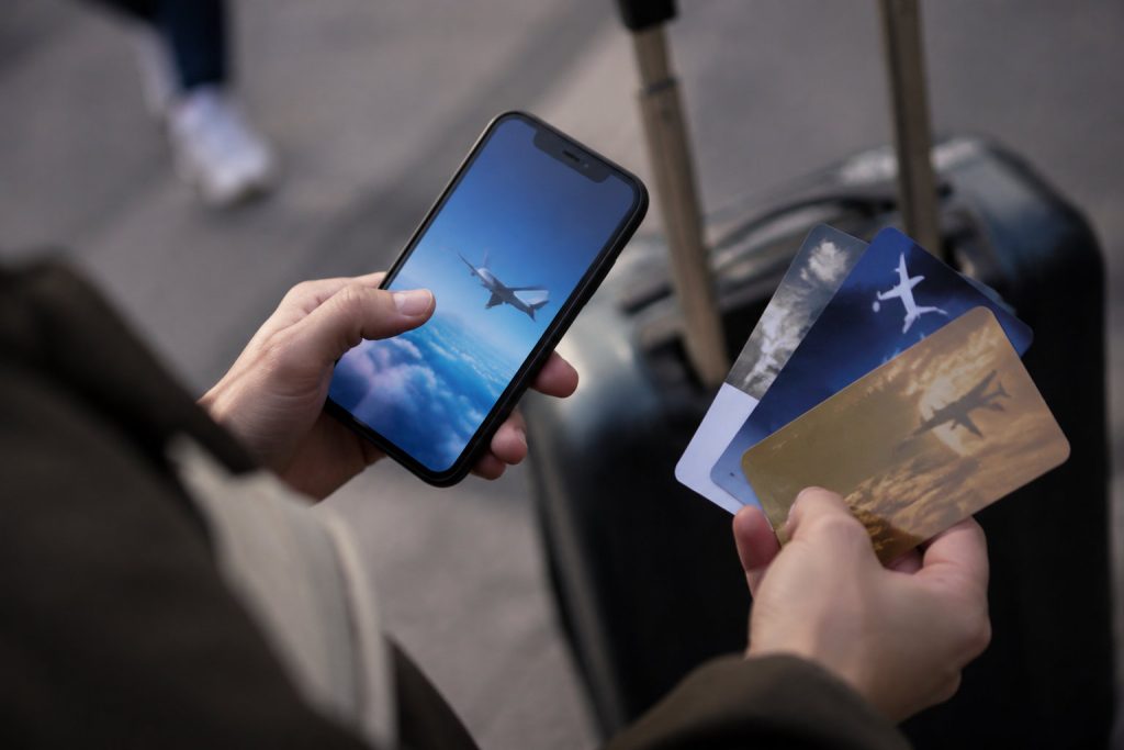 Une personne tient un smartphone et plusieurs cartes de fidélité aériennes devant une valise à roulettes.