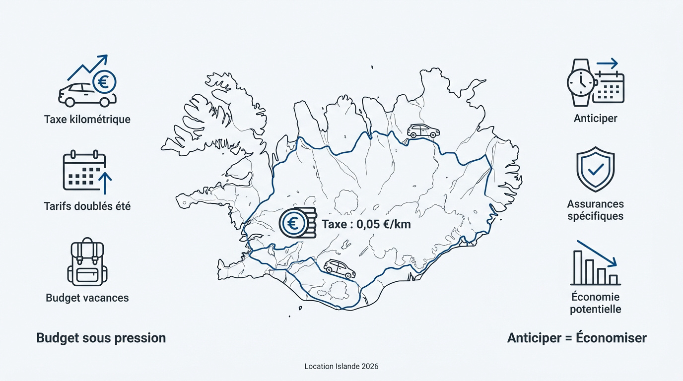 Voiture de location sur une route islandaise en 2026 avec paysages volcaniques