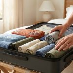 Une personne range soigneusement des vêtements roulés dans une valise ouverte posée sur un support en bois.