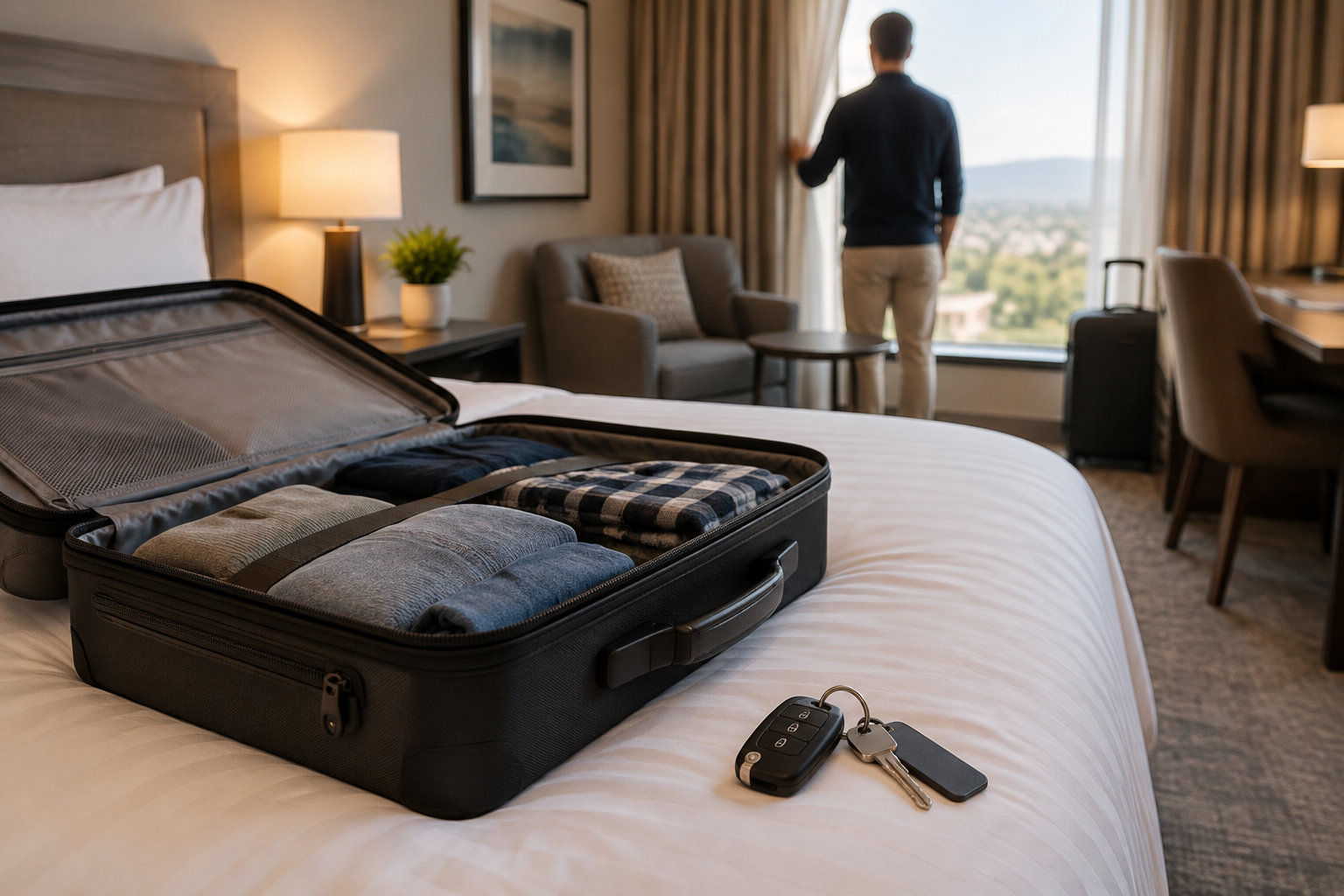 Assurance annulation vol par carte bancaire : les conditions 17 Une valise ouverte contenant des vêtements et un trousseau de clés sont posés sur un lit, tandis qu’un homme regarde par la fenêtre d’une chambre d’hôtel.