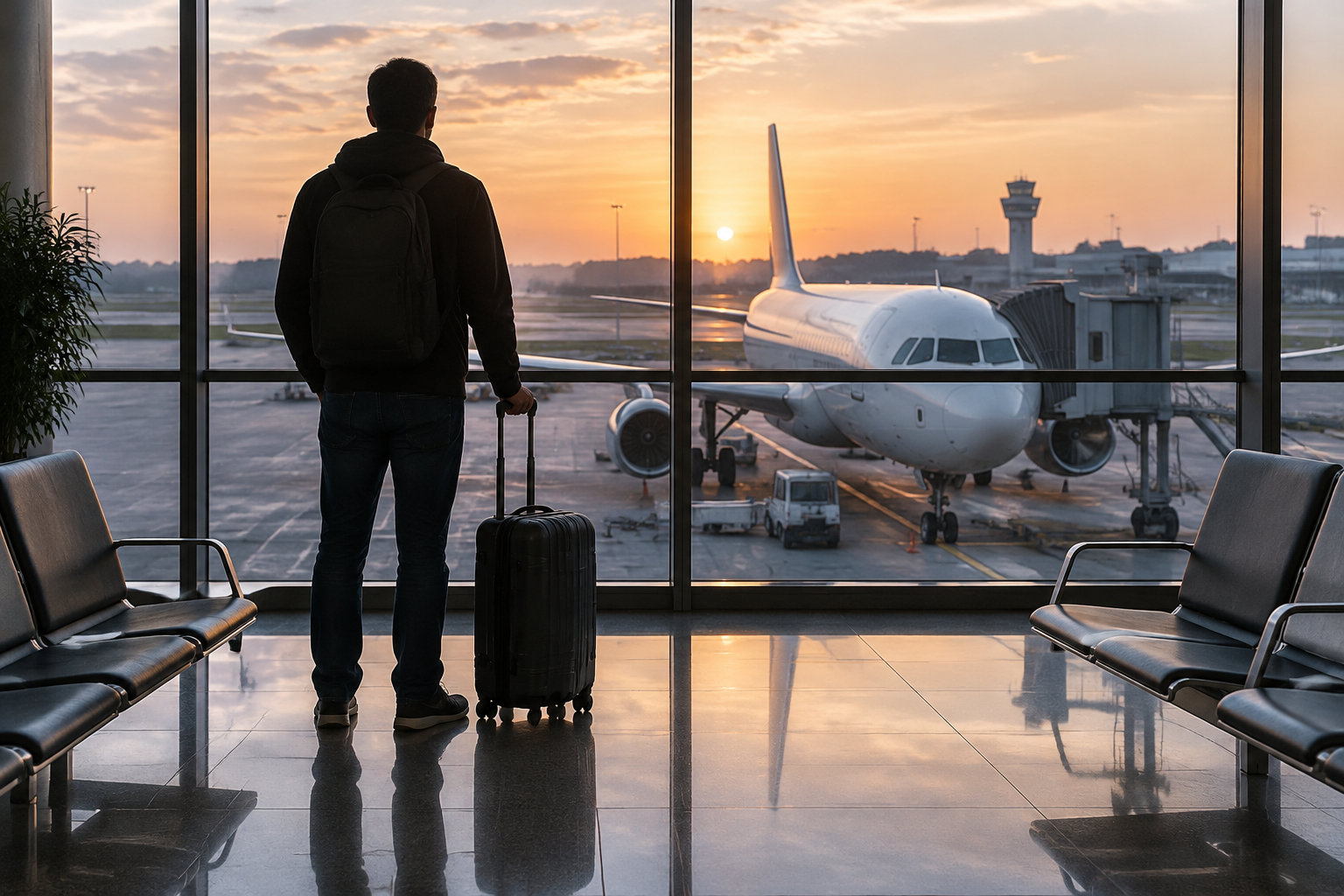 Remboursement vol annulé et circonstance exceptionnelle : vos droits 9 Un voyageur avec un sac à dos et une valise regarde un avion depuis le hall vitré d’un aéroport au coucher du soleil.