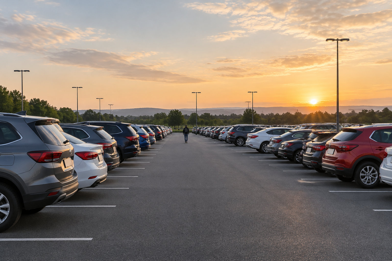 Des rangées de voitures bordent une allée de stationnement où marche une personne, sous un ciel de coucher de soleil.