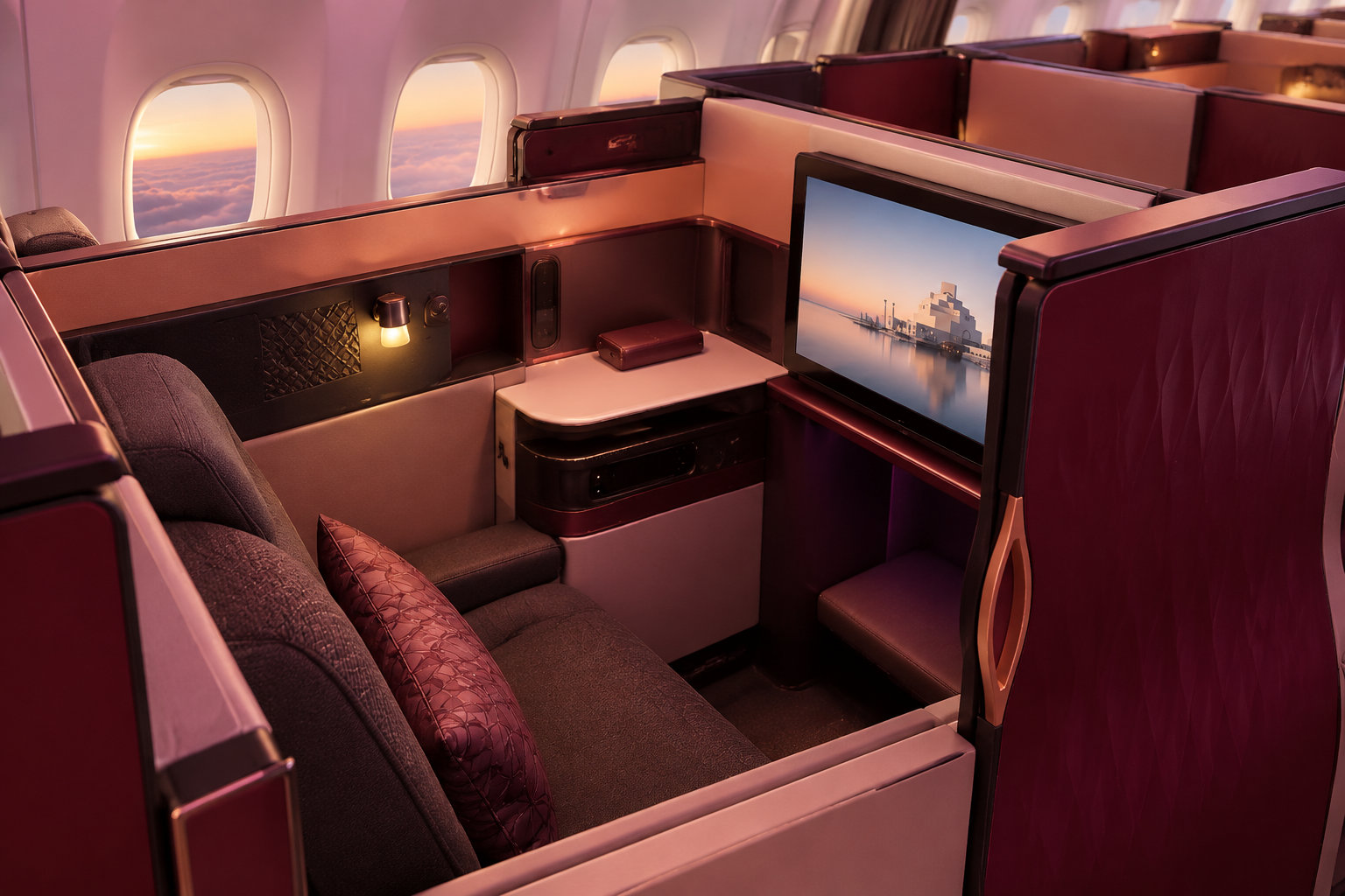 Air France vs Qatar Airways : quelle classe affaire choisir en 2026 ? 12 Une cabine de première classe d’avion avec un siège, des coussins, une tablette et un écran, près de hublots donnant sur des nuages au coucher du soleil.