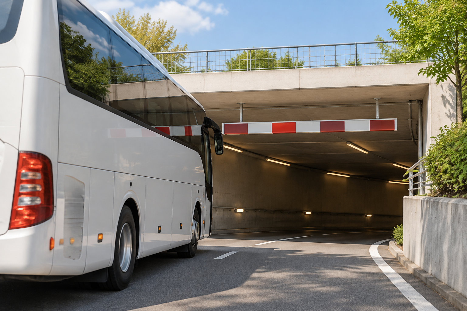 Astuces pour trouver un parking pas cher à l'aéroport de Genève 8 Un grand autocar blanc s’approche de l’entrée d’un tunnel, sous une barre de hauteur rayée rouge et blanche.