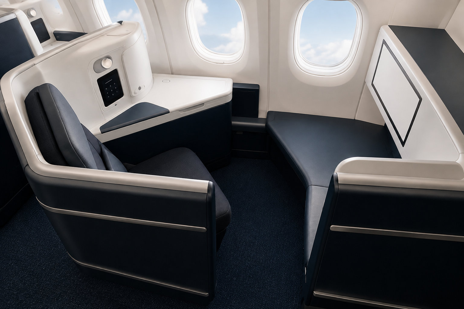 Un compartiment de cabine d’avion avec un fauteuil, une banquette, un écran éteint, une console et deux hublots donnant sur le ciel.