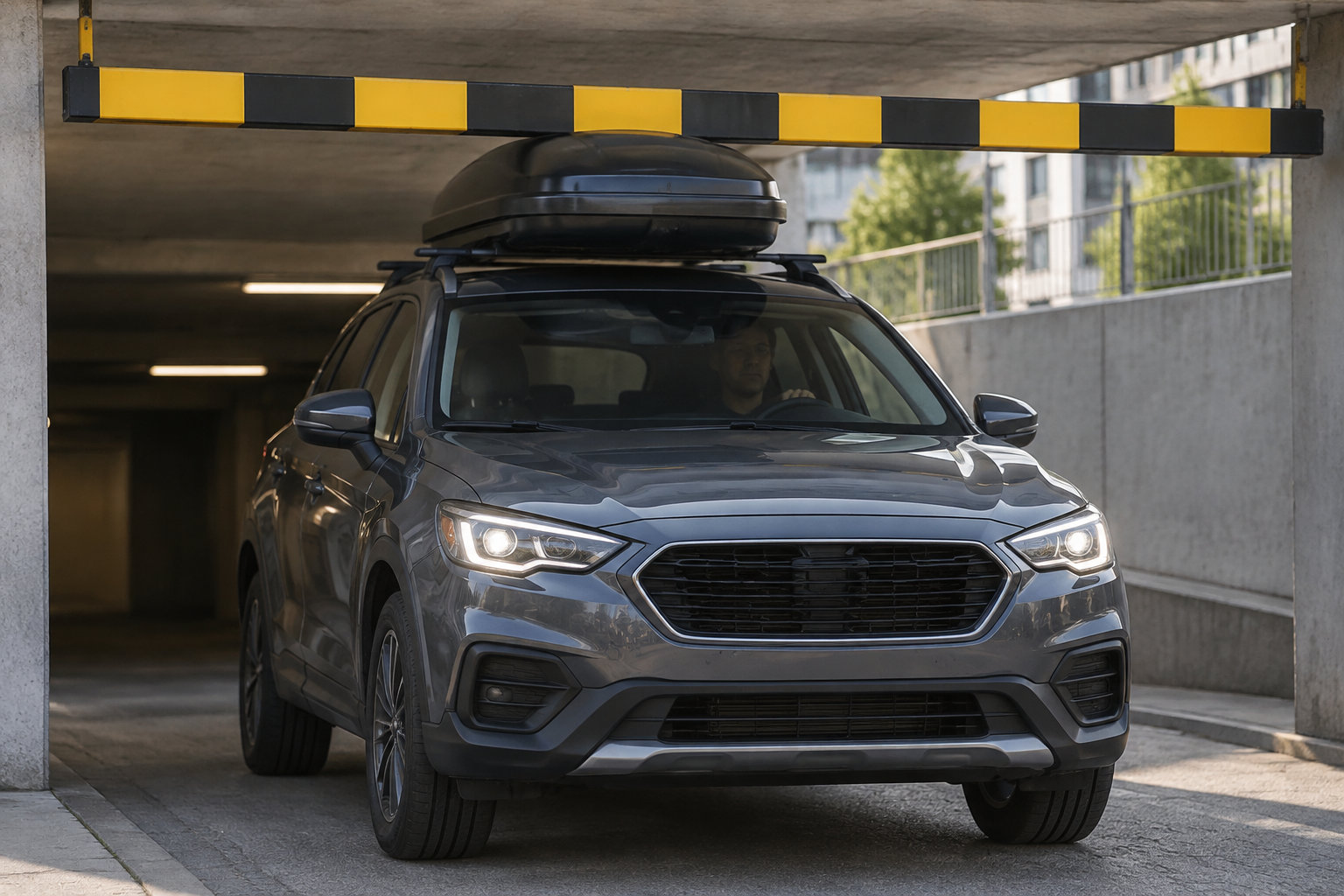 Un SUV gris avec un coffre de toit passe sous une barre jaune et noire à l’entrée d’un parking souterrain.