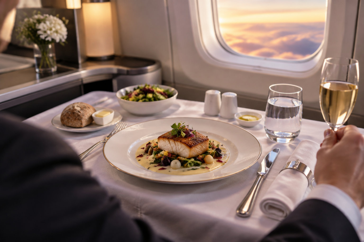 Air France vs Qatar Airways : quelle classe affaire choisir en 2026 ? 13 Un repas composé d’un poisson dressé dans une assiette, accompagné de pain, de salade et de verres, est servi à une table près du hublot d’un avion.