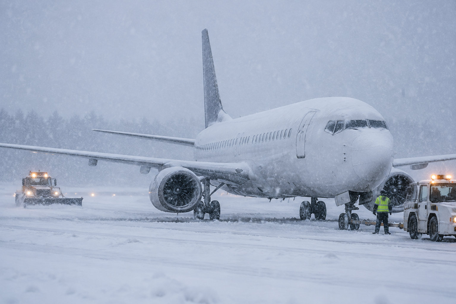 Remboursement vol annulé et circonstance exceptionnelle : vos droits 10 Un avion de ligne est entouré de véhicules de déneigement et d’un agent sur une piste d’aéroport sous une forte chute de neige.