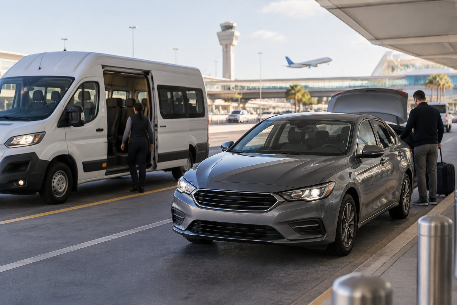 Une voiture grise au coffre ouvert et un minibus blanc sont stationnés devant un terminal d’aéroport, tandis que deux personnes chargent des bagages.
