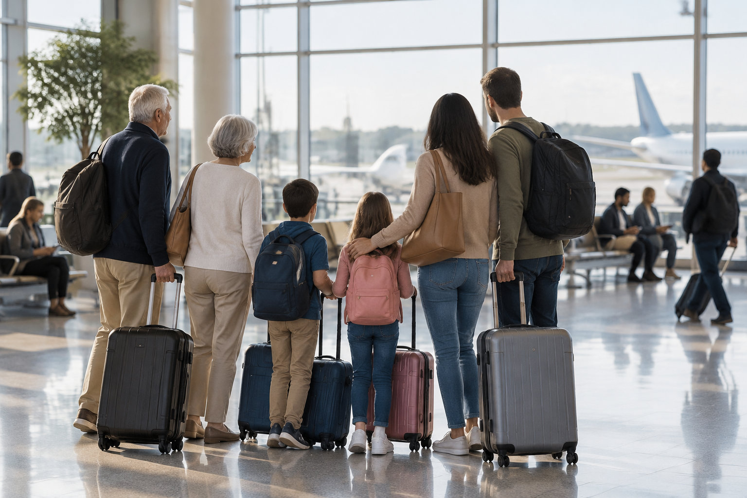 Assurance annulation vol par carte bancaire : les conditions 19 Une famille avec deux enfants, des sacs à dos et des valises, se tient dans un terminal d’aéroport devant les grandes baies vitrées donnant sur un avion.