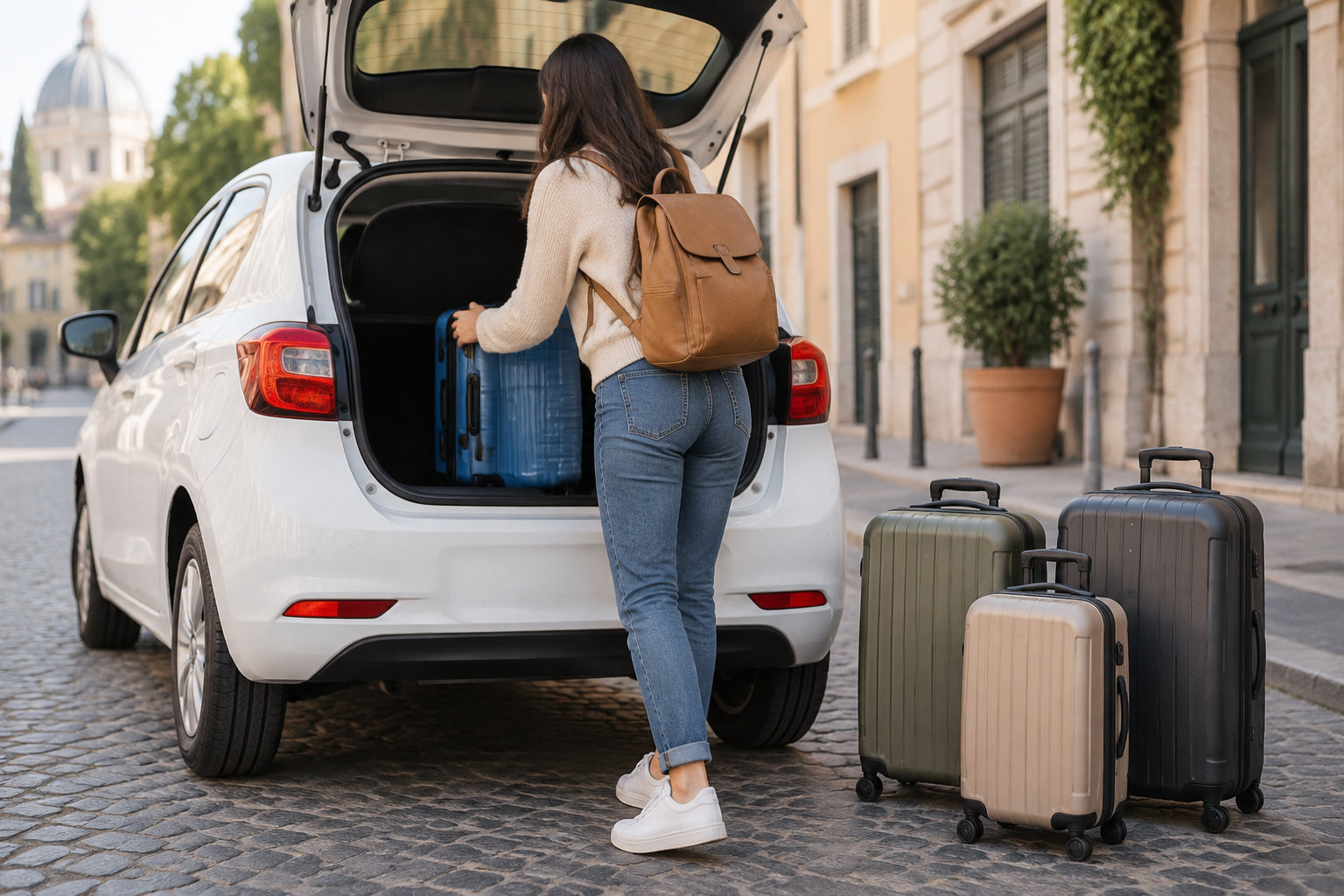 Une femme charge une valise bleue dans le coffre ouvert d’une voiture blanche, tandis que trois valises à roulettes sont posées sur les pavés à côté.