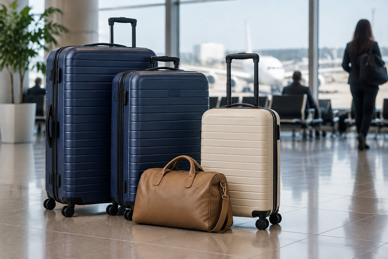 Air France vs Qatar Airways : quelle classe affaire choisir en 2026 ? 14 Trois valises à roulettes et un sac de voyage sont posés dans un hall d’aéroport, avec des voyageurs et un avion visibles en arrière-plan.