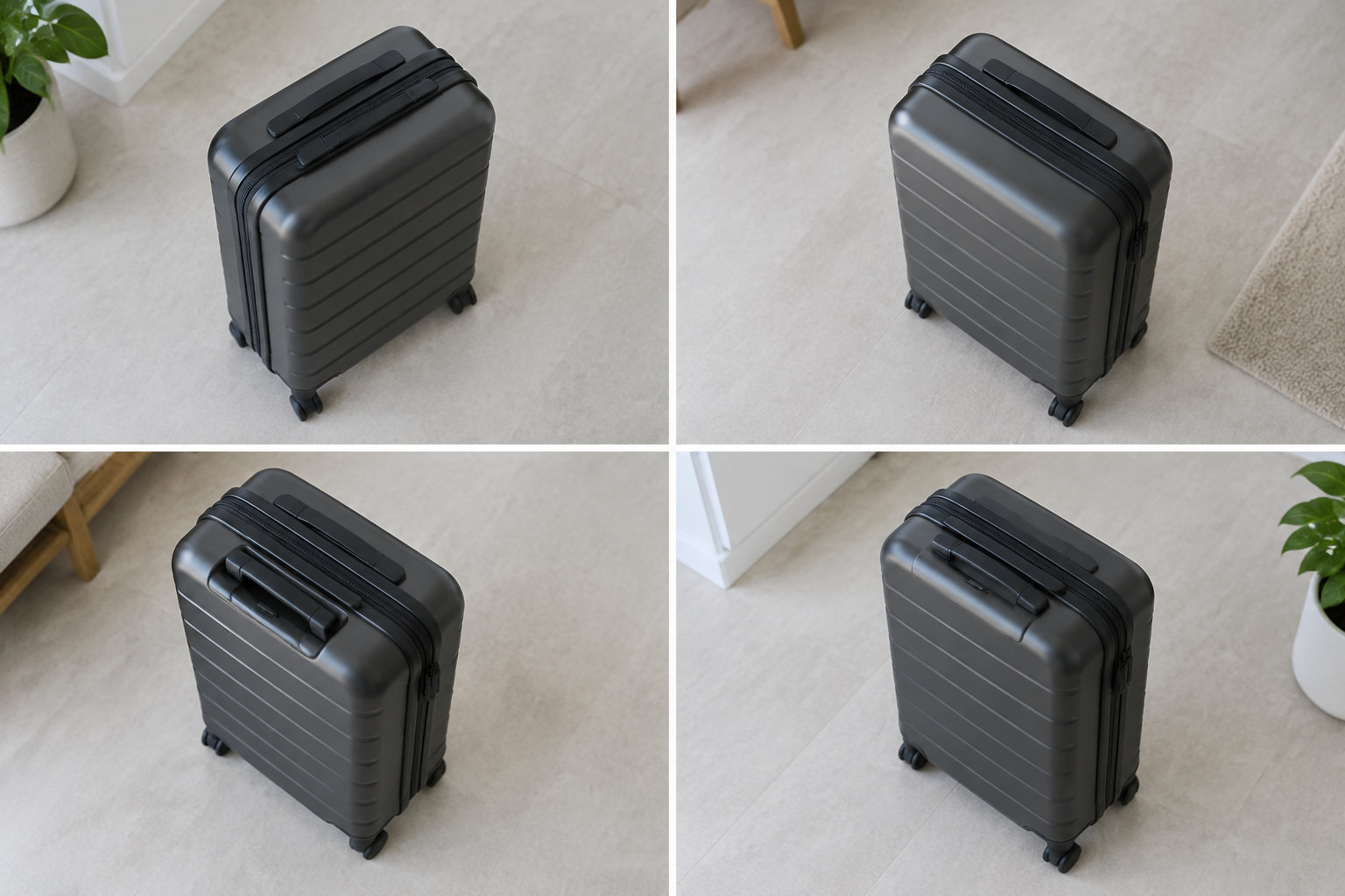 Un montage de quatre vues d’une valise rigide noire à roulettes, posée sur un sol clair dans une pièce avec des plantes et des meubles.